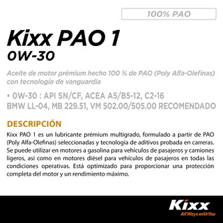 Foto 2 | Aceite De Motor Sintético Kixx Pao 1 Sn 0w-30, 4l
