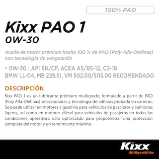 Foto 2 | Aceite De Motor Sintético Kixx Pao 1 Sn 0w-30, 1l