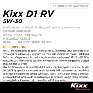 Foto 2 | Aceite De Motor Sintético Kixx D1 Rv Acea C3 5w-40, 1l