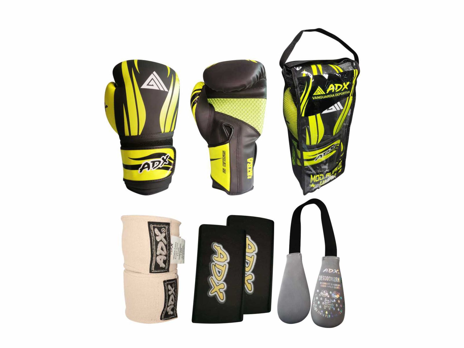 Kit 2 Guantes de Entrenamiento para Box Mod Alipk + Complementos color Amarillo 14 Oz