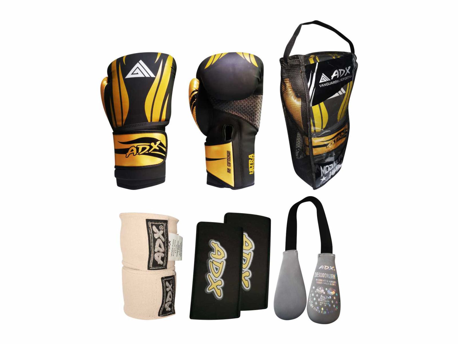 Kit 2 Guantes de Entrenamiento para Box Adx Alipk más Complementos Dorado 16 Oz