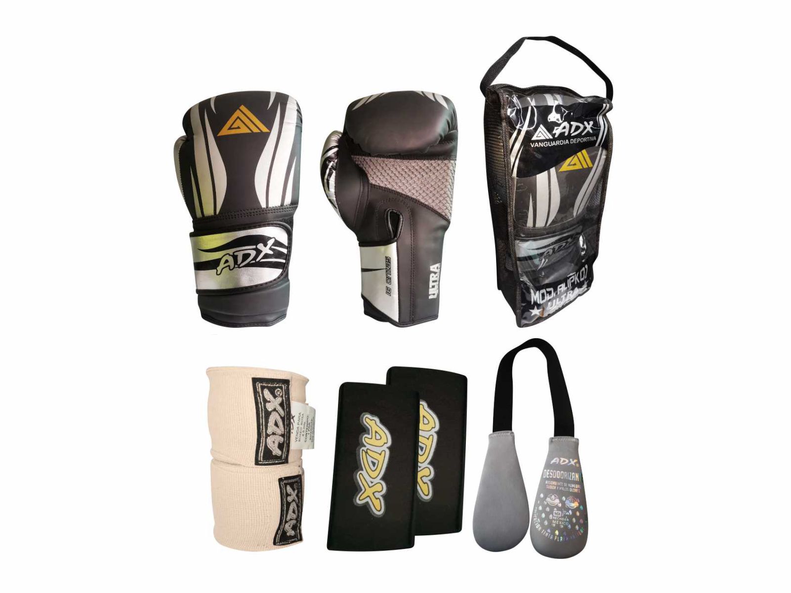 Kit 2 Guantes de Entrenamiento para Box Adx Alipk más Complementos color Plateado 12 Oz