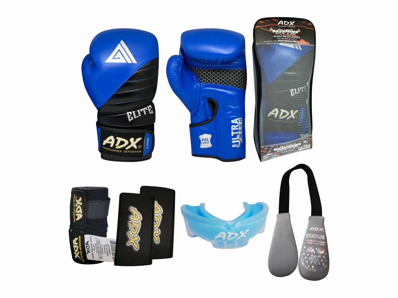 Kit de Guantes de Box Elite de Piel más Accesorios color Azul 14 Oz