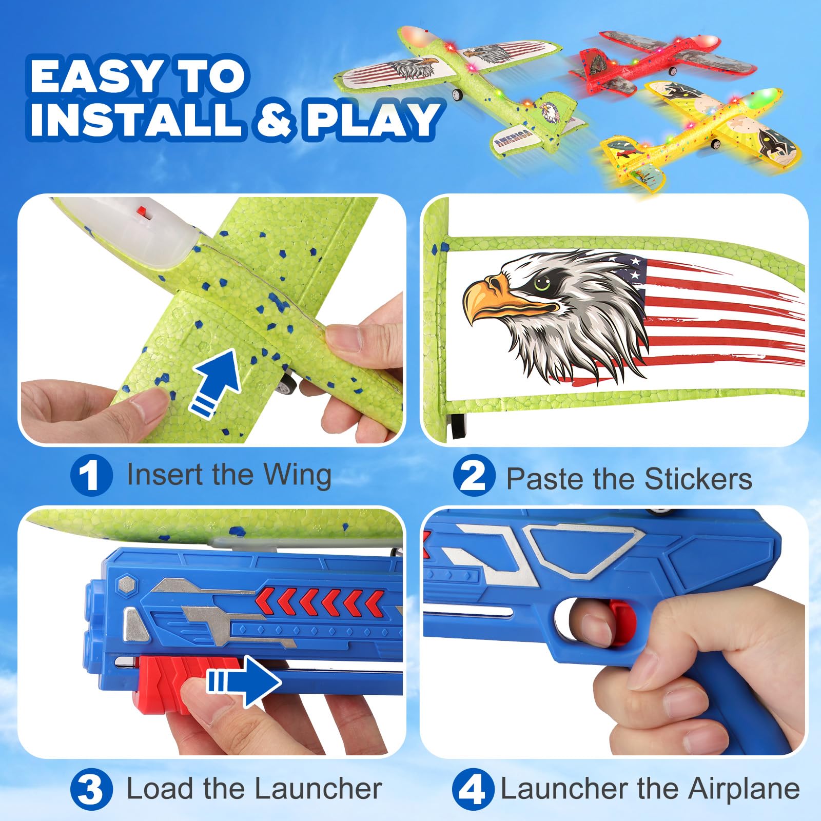 Foto 6 pulgar | Lanzador De Aviones De Juguete Aiencsai, Paquete De 3 Con Planeador De Espuma Led - Venta Internacional.