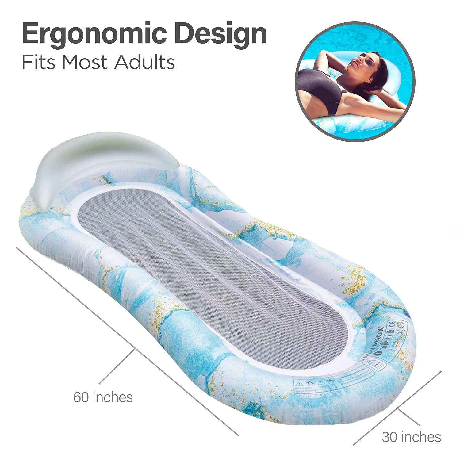 Foto 6 pulgar | Tumbona Flotante Para Piscina Galvanox De Mármol Azul Con Fondo De Malla - Venta Internacional.