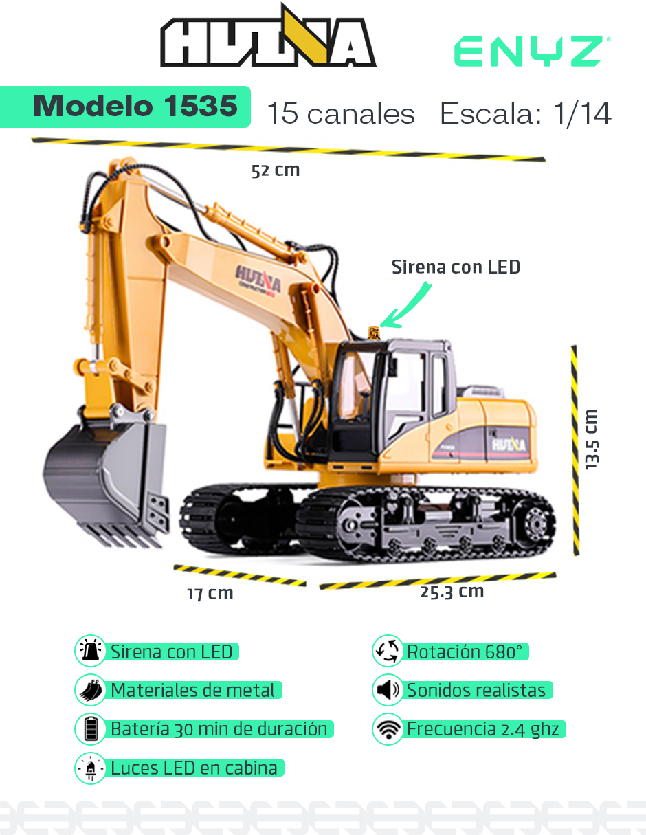 Foto 3 pulgar | Excavadora a Control Remoto Enyz RC 1535 Metal 1:14 15 Canales