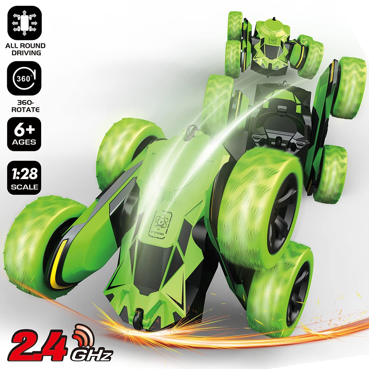 Foto 6 pulgar | Venta Internacional - Control Remoto Rc Stunt Cars Threeking De Doble Cara, Color Verde