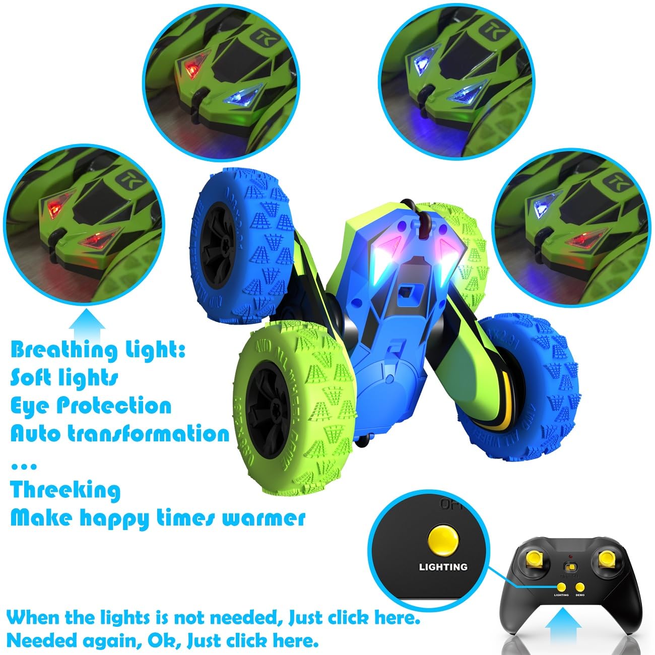 Foto 3 pulgar | Control Remoto Rc Stunt Car Threeking De Doble Cara, Verde Y Azul - Venta Internacional.