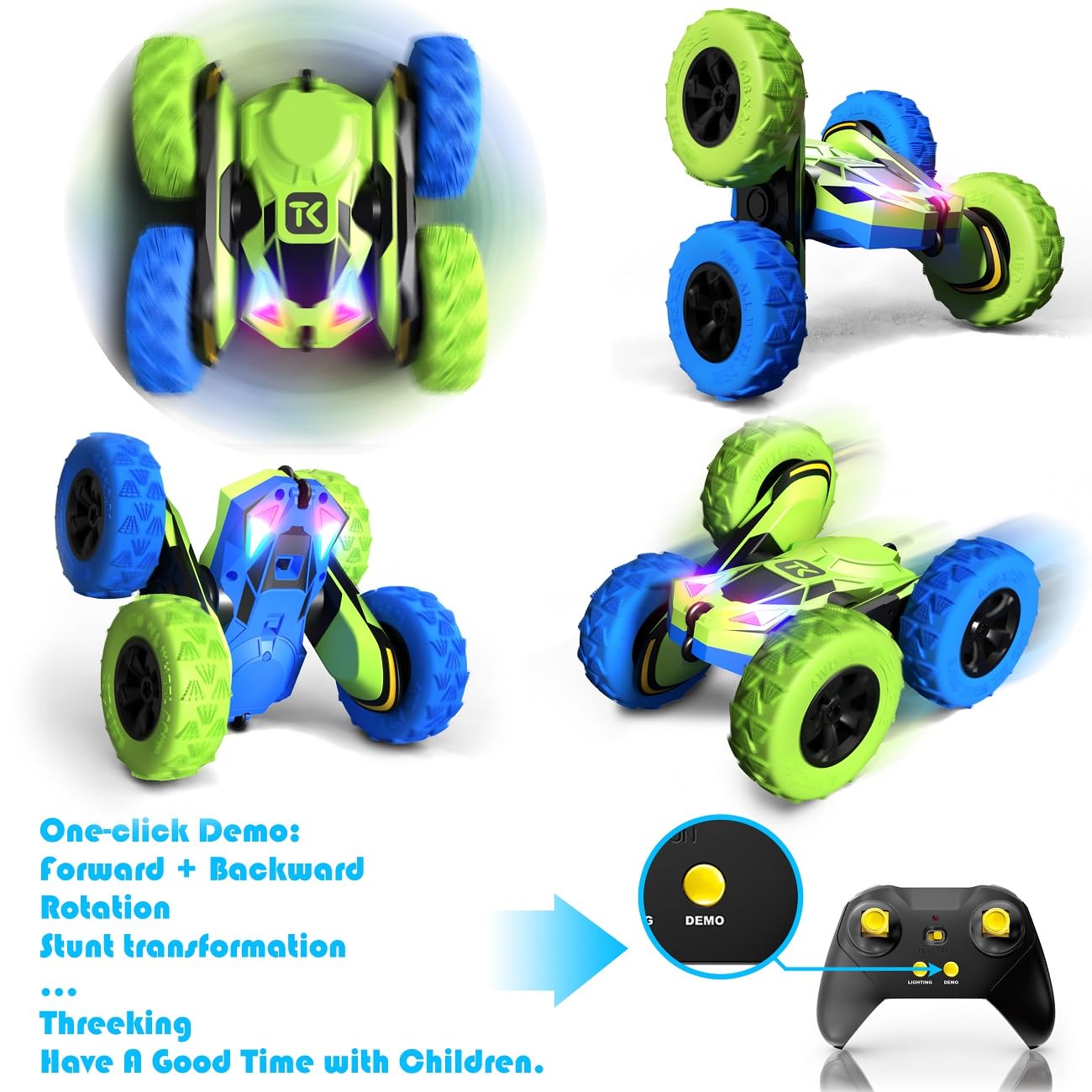 Foto 4 pulgar | Control Remoto Rc Stunt Car Threeking De Doble Cara, Verde Y Azul - Venta Internacional.