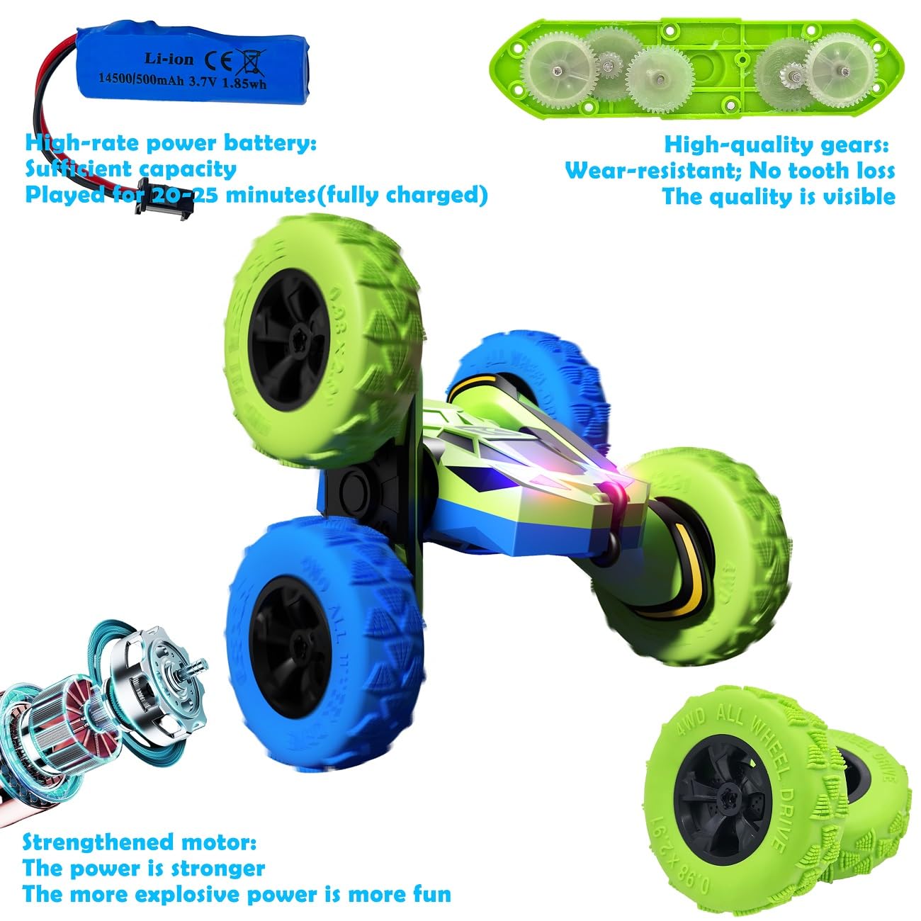 Foto 5 pulgar | Control Remoto Rc Stunt Car Threeking De Doble Cara, Verde Y Azul - Venta Internacional.