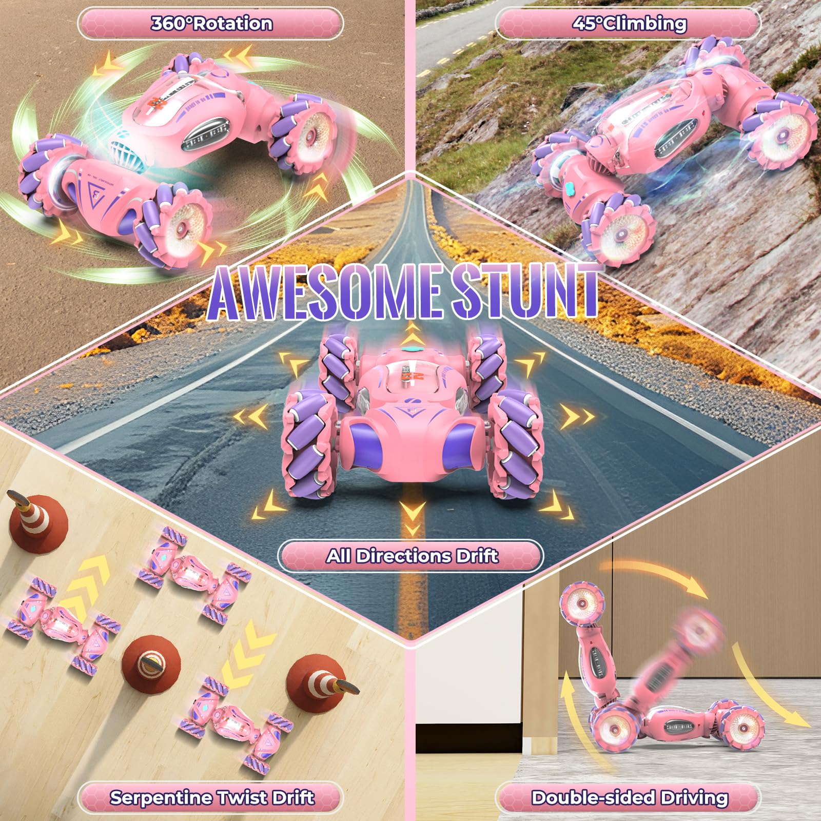 Foto 5 pulgar | Coche Con Mando A Distancia Fosgoit Pink Stunt Con Rotación De 360° Para Niñas - Venta Internacional.