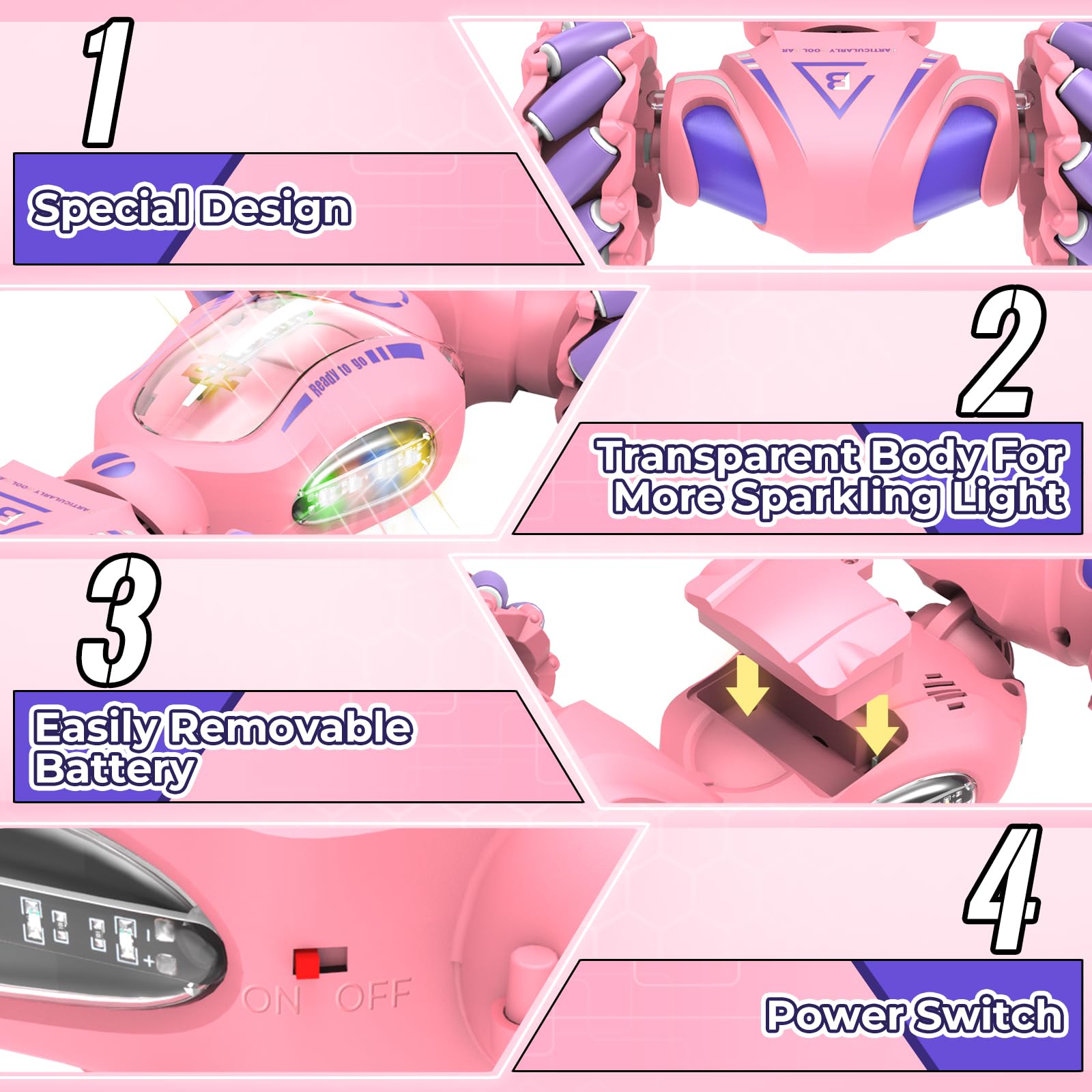 Foto 6 pulgar | Coche Con Mando A Distancia Fosgoit Pink Stunt Con Rotación De 360° Para Niñas - Venta Internacional.