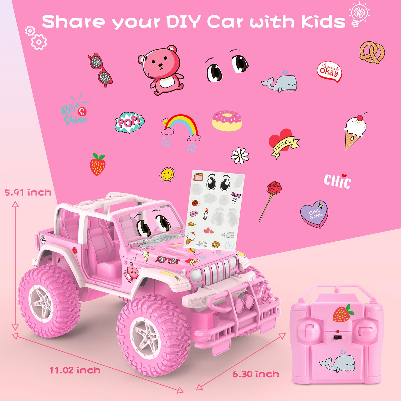Foto 6 pulgar | Rc Car Nqd Jeep Rosa Con Pegatinas Diy Para Niñas De 3 A 8 Años - Venta Internacional.