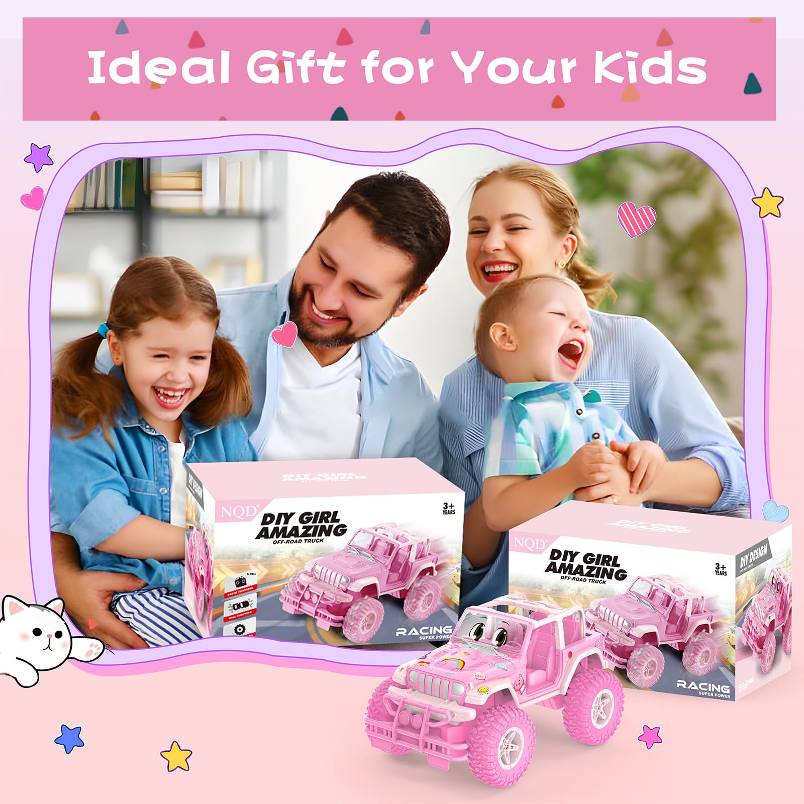 Foto 7 pulgar | Rc Car Nqd Jeep Rosa Con Pegatinas Diy Para Niñas De 3 A 8 Años - Venta Internacional.