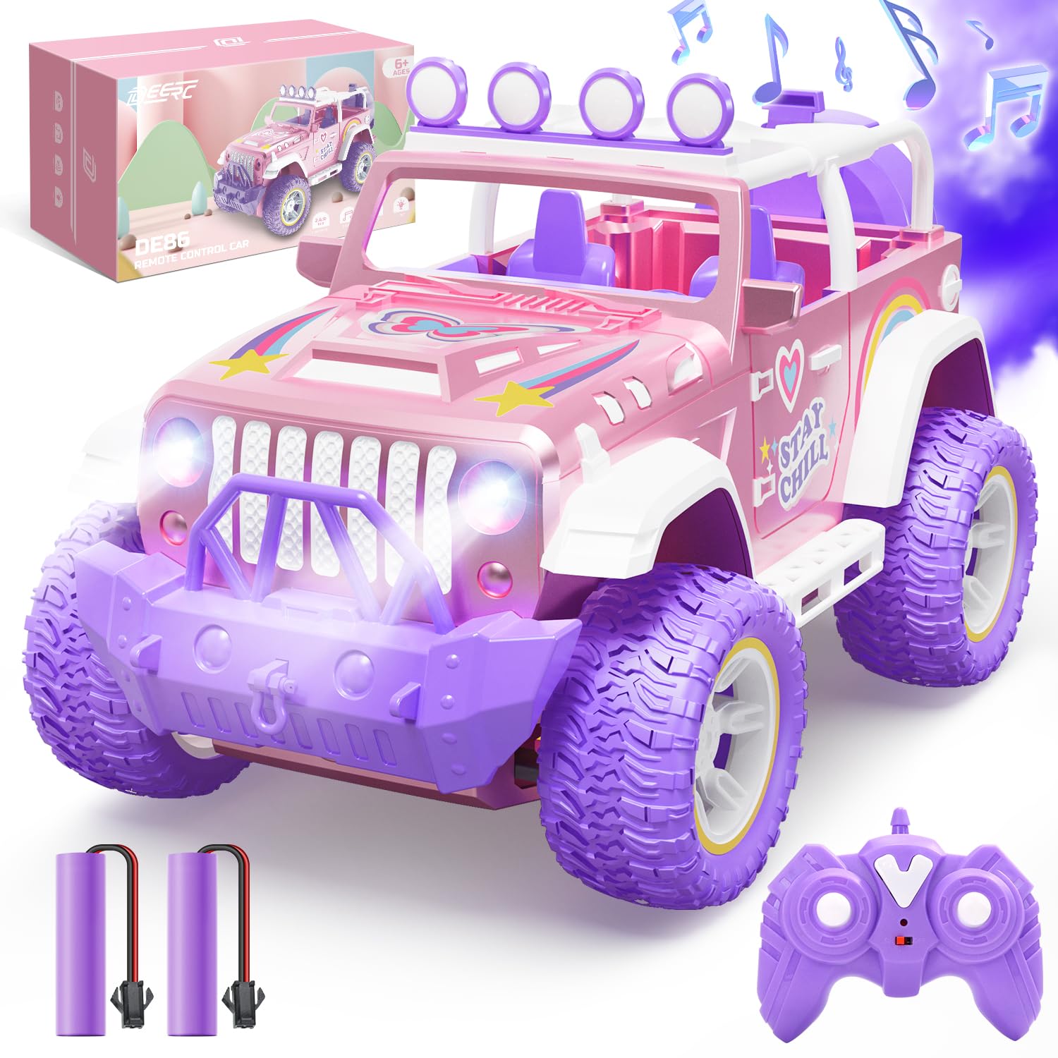 Coche a Control Remoto Deerc Rosa con Niebla y Música para Niñas - Venta Internacional