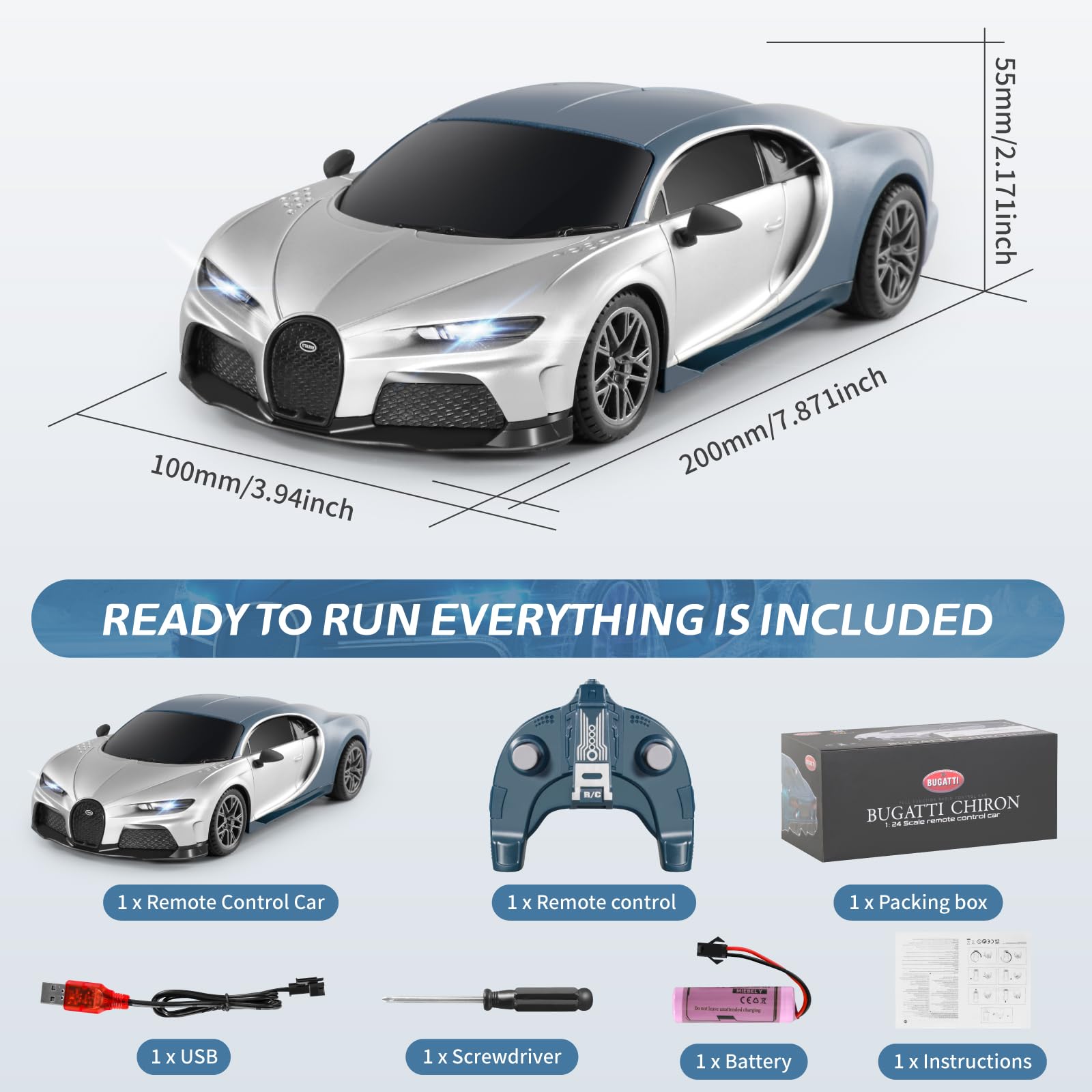 Foto 7 pulgar | Coche A Control Remoto Miebely Bugatti Chiron A Escala 1/24 Con Luz - Venta Internacional.