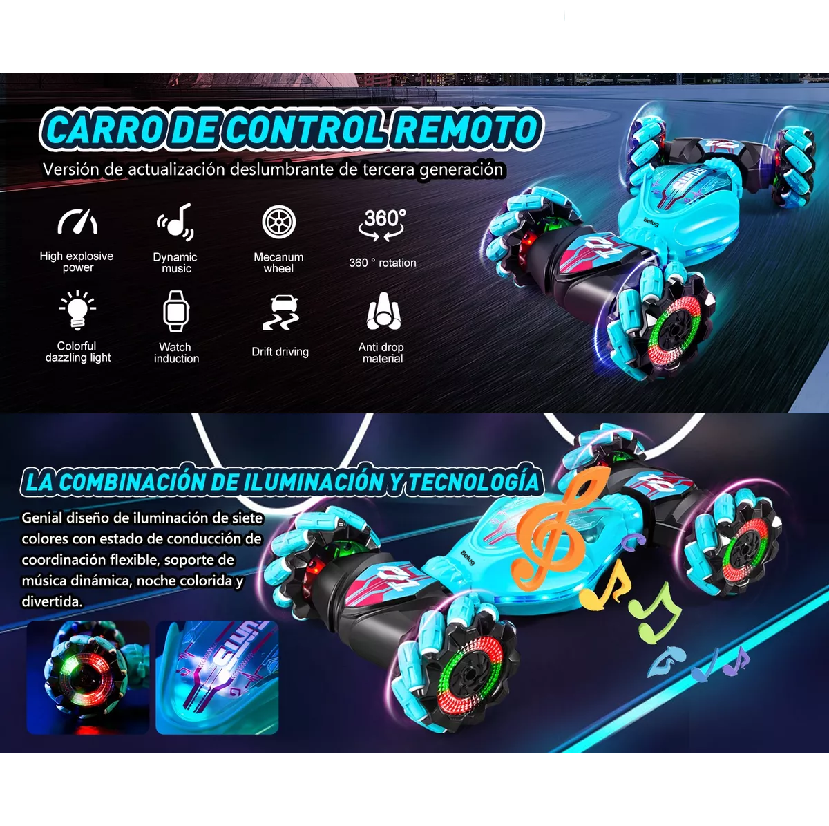 Foto 3 pulgar | Carros De Control Remoto Gestos Acrobático 27cm Música+luces Verde Negro