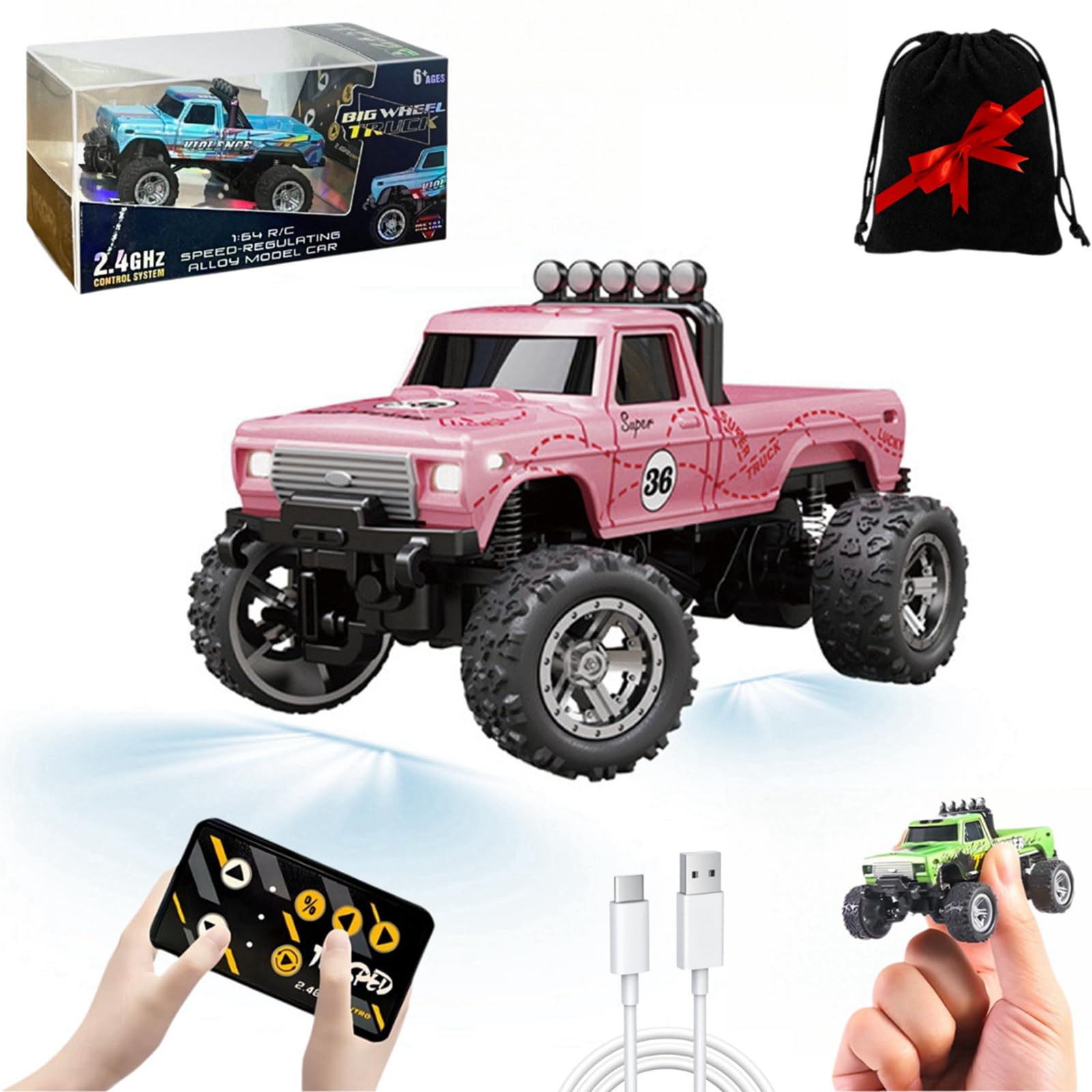 Foto 2 pulgar | Mini Monster Truck Rc A Escala 1/64 Con Control Remoto De Luces - Venta Internacional.