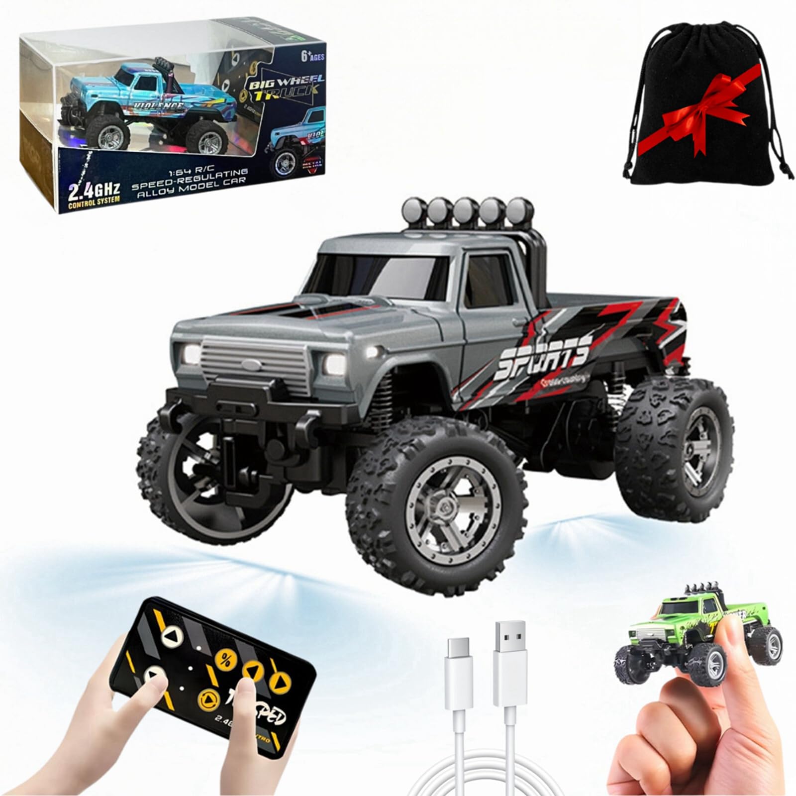 Mini Monster Truck Rc A Escala 1/64 Con Control Remoto De Luces - Venta Internacional.