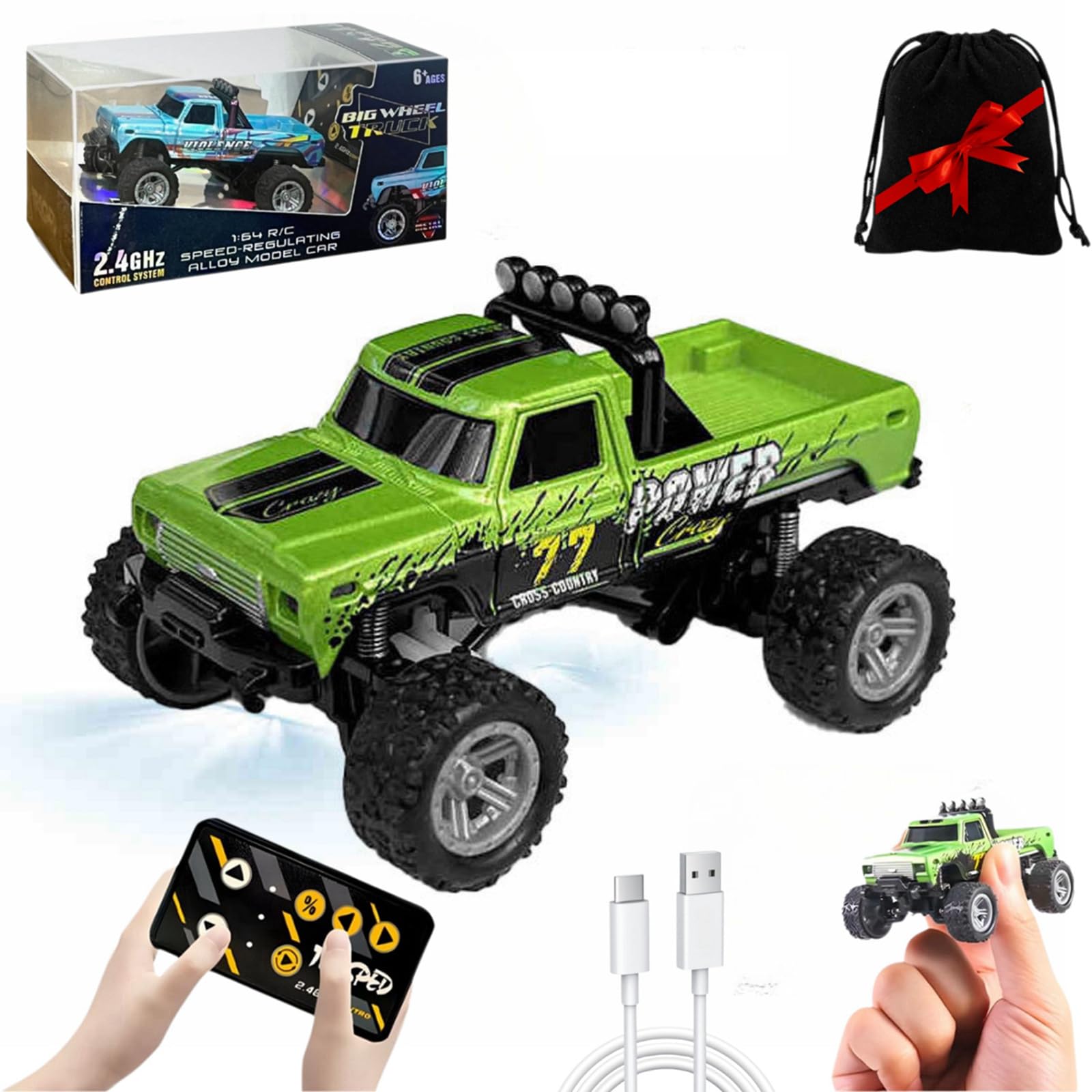 Mini Monster Truck Rc A Escala 1/64 Con Luces Y Mando A Distancia De 2,4 Ghz - Venta Internacional.
