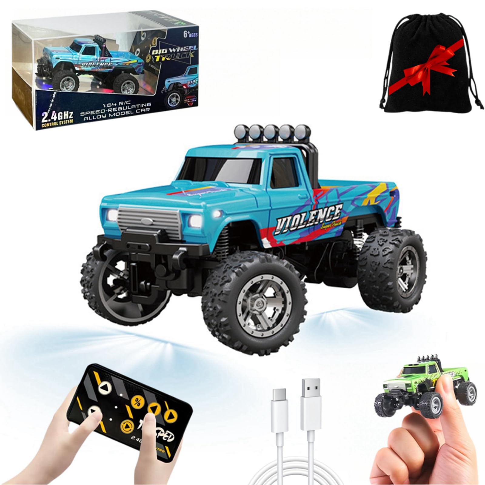 Mini Monster Truck Rc A Escala 1/64 Con Mando A Distancia Para Luces, Color Azul - Venta Internacional.