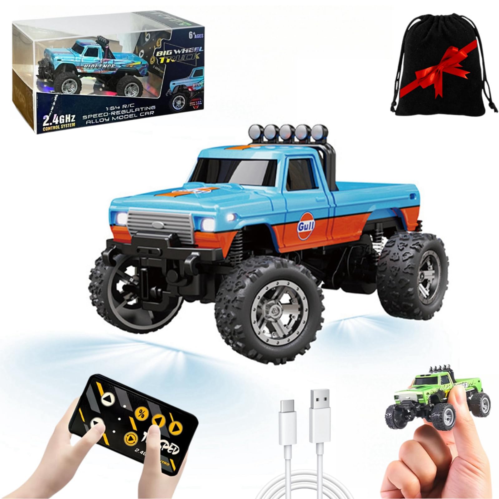 Mini Monster Truck Rc A Escala 1/64 Con Control Remoto De Luces - Venta Internacional.