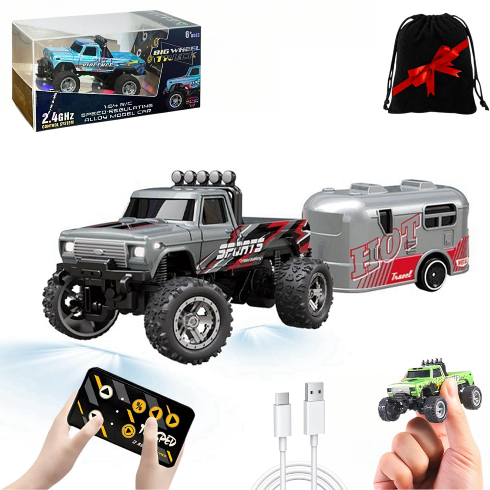 Mini Monster Truck Rc A Escala 1/64 Con Control Remoto De Luces - Venta Internacional.