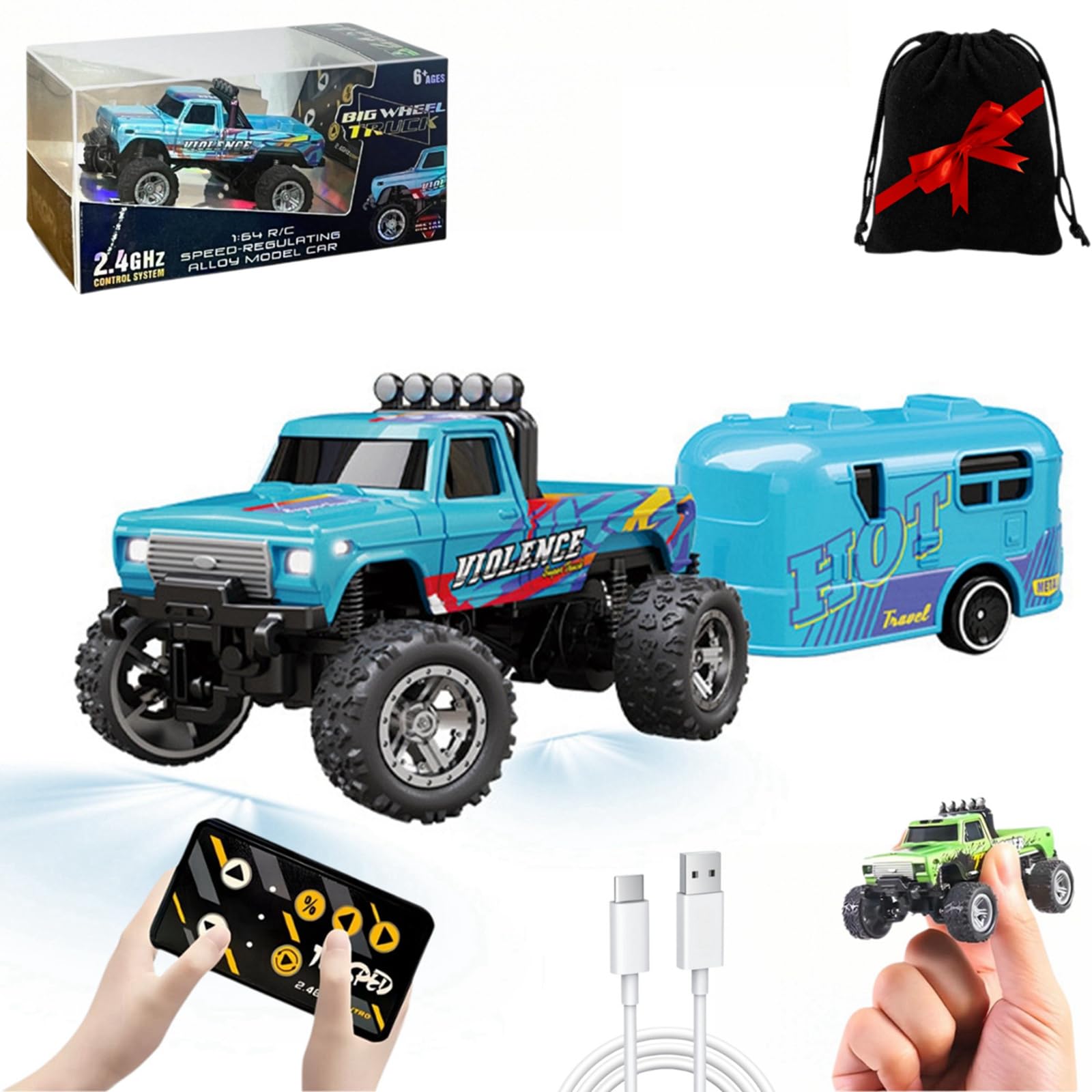 Mini Monster Truck Rc A Escala 1/64 Con Mando A Distancia Para Luces, Color Azul - Venta Internacional.