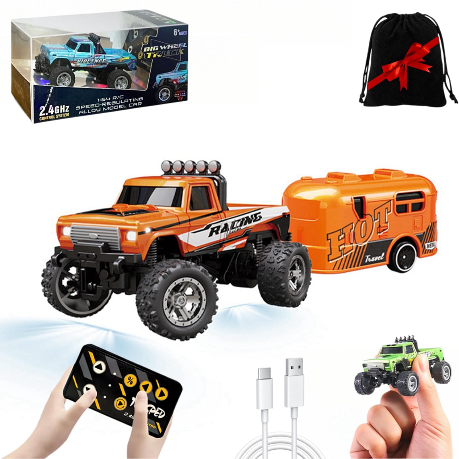 Mini Monster Truck Rc A Escala 1/64 Con Luces Y Mando A Distancia De 2,4 Ghz - Venta Internacional.