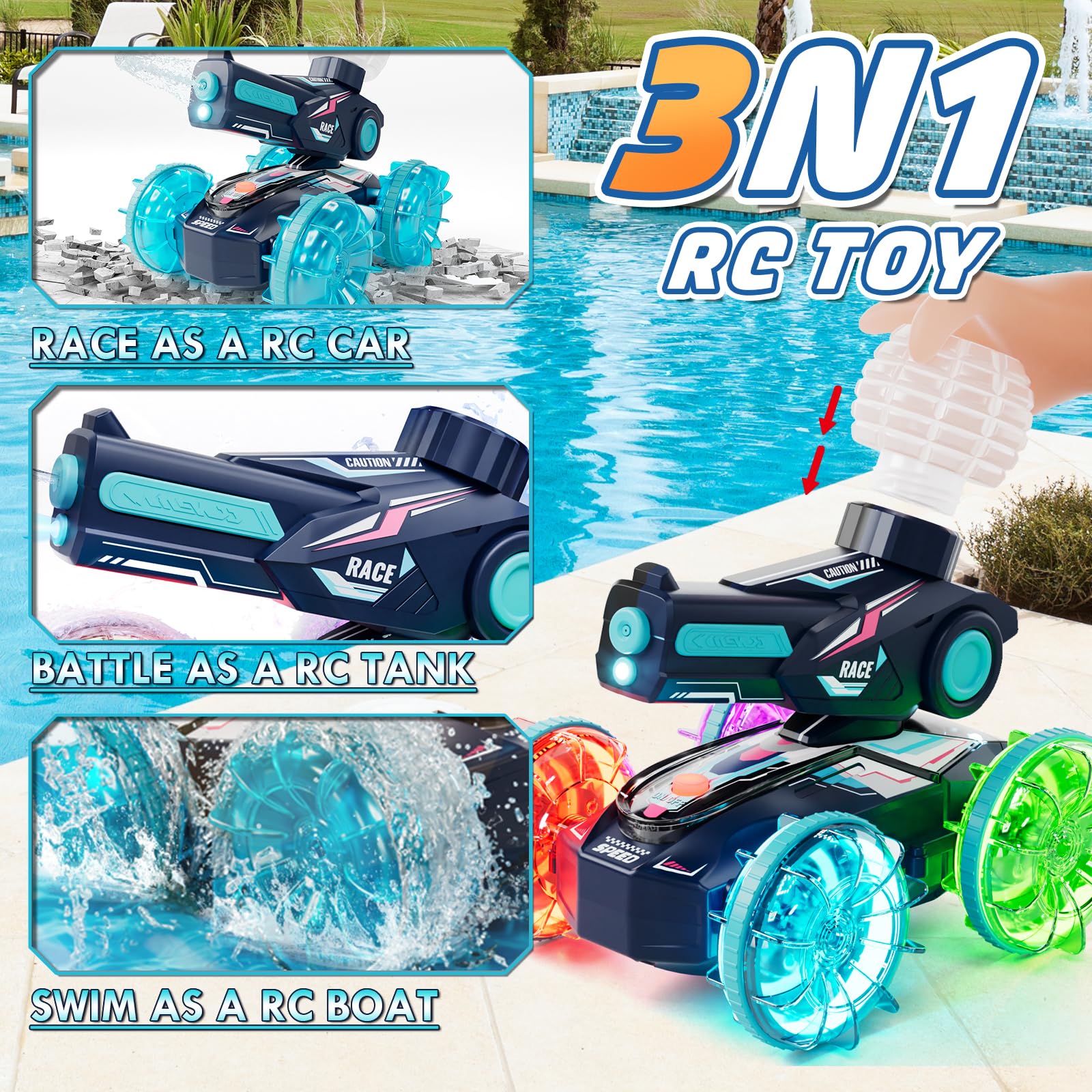 Foto 3 pulgar | Coche Rc Lehoo Castle Amphibious 4wd Con Pistola De Agua Para Niños De 8 A 12 Años - Venta Internacional.