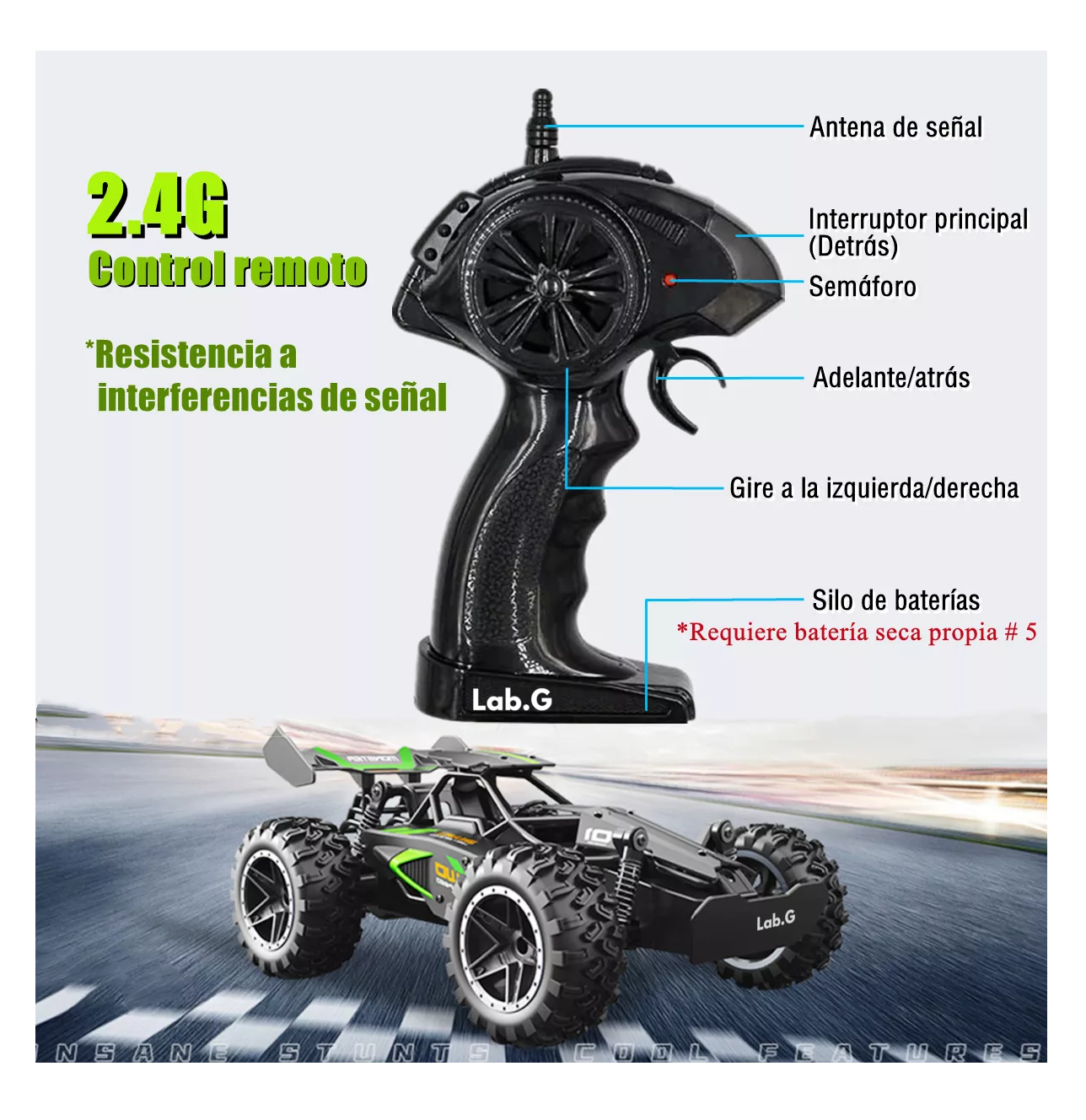 Foto 5 | Carro de Control Remoto Lab.G 1/18 Negro con Verde