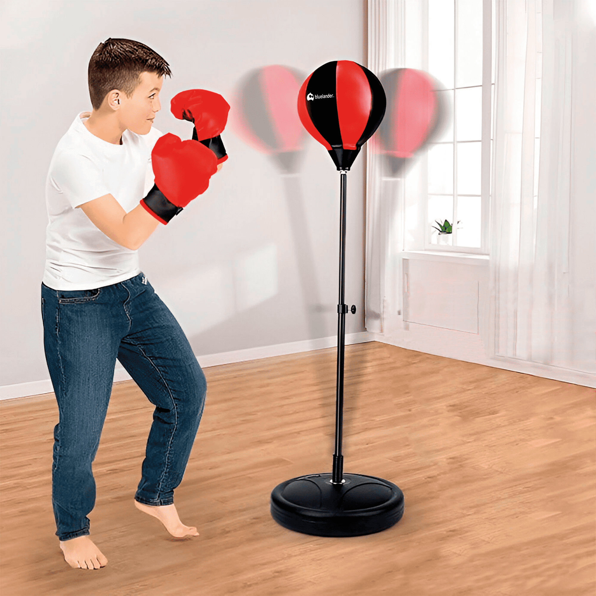 Foto 4 pulgar | Kit De Boxeo Con Guantes Y Pera Bluelander Rojo Con Base De Altura Ajustable 80-150 Cm