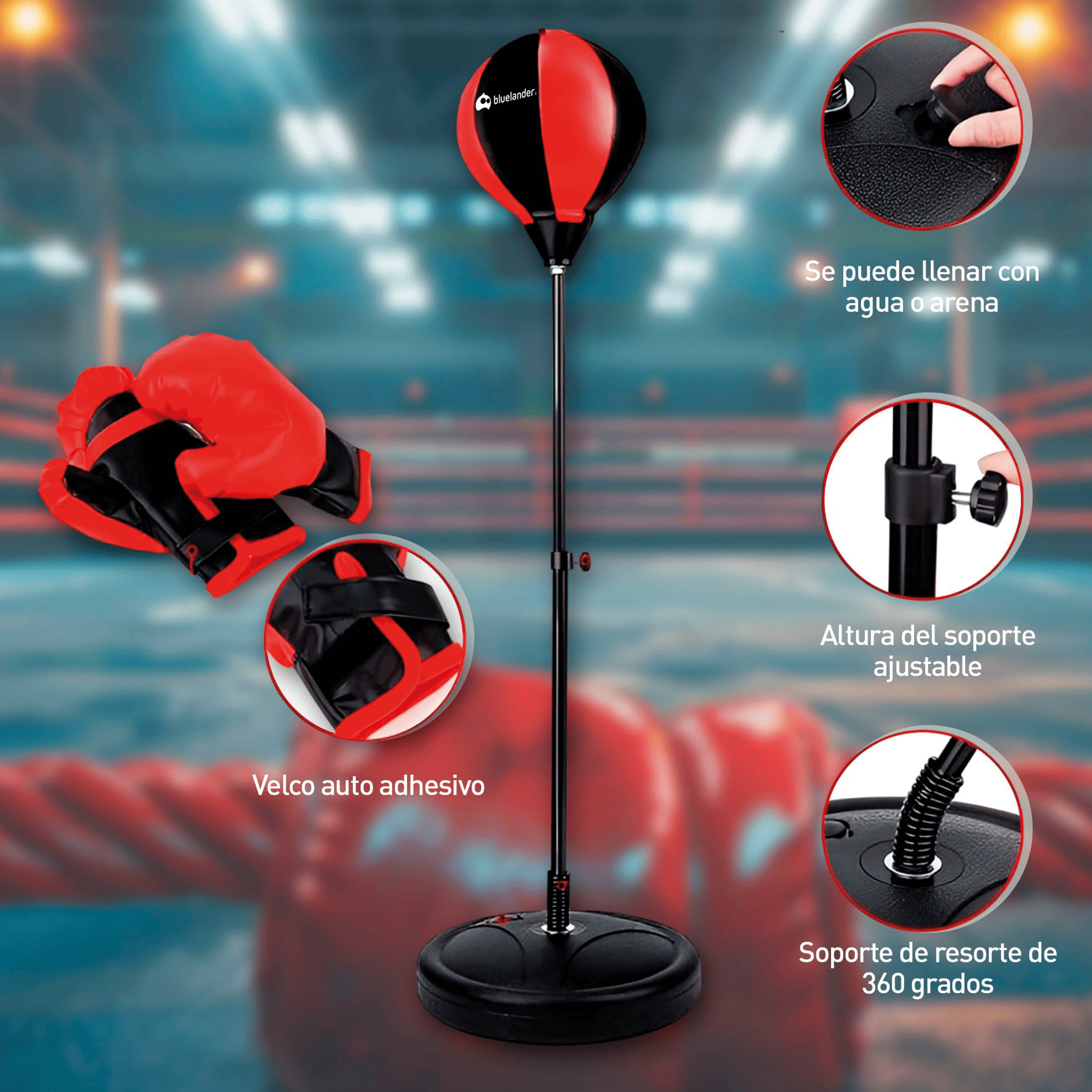 Foto 6 pulgar | Kit De Boxeo Con Guantes Y Pera Bluelander Rojo Con Base De Altura Ajustable 80-150 Cm