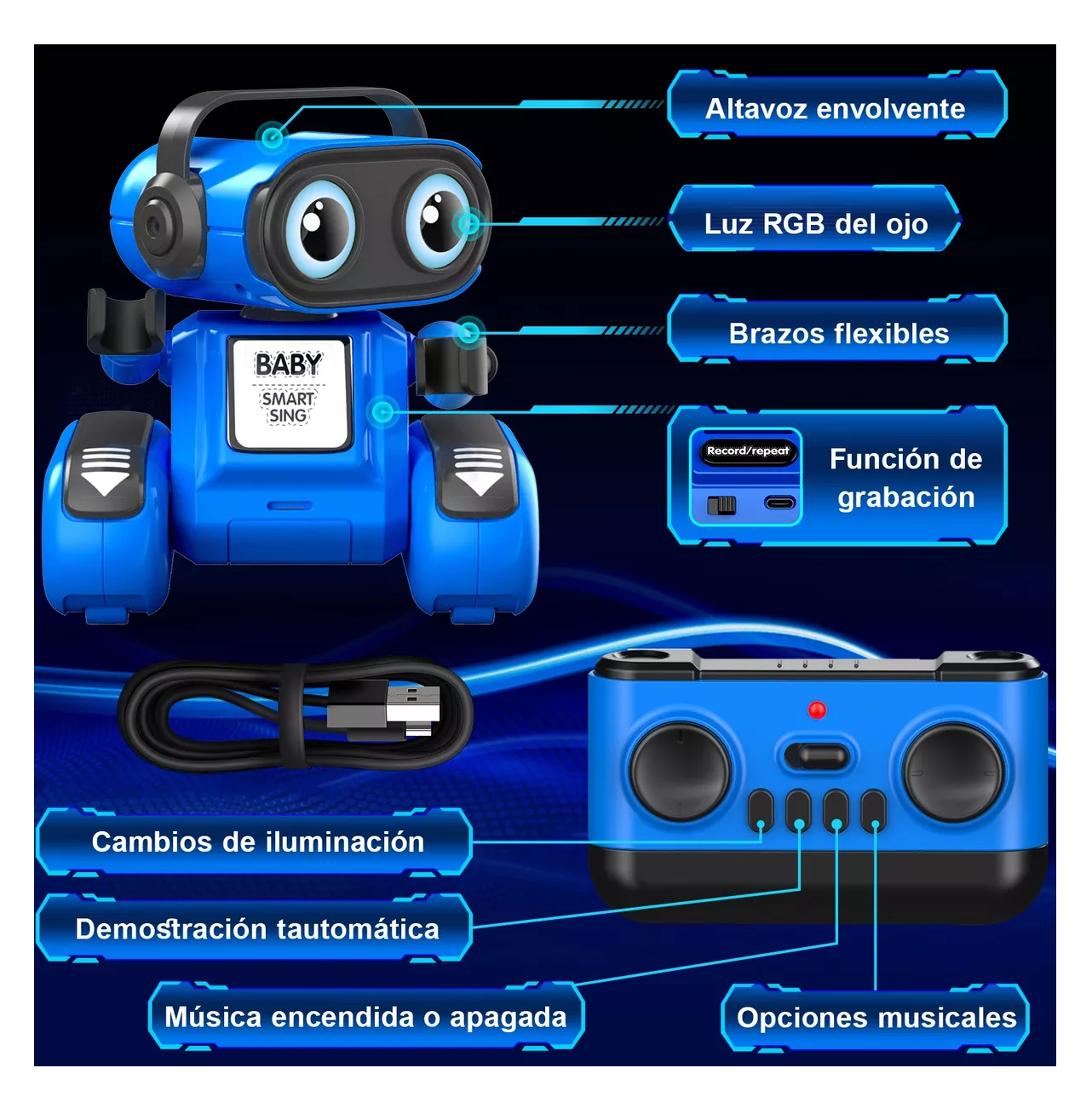 Foto 6 pulgar | Juguete Robot de Control Remoto Recargable Azul