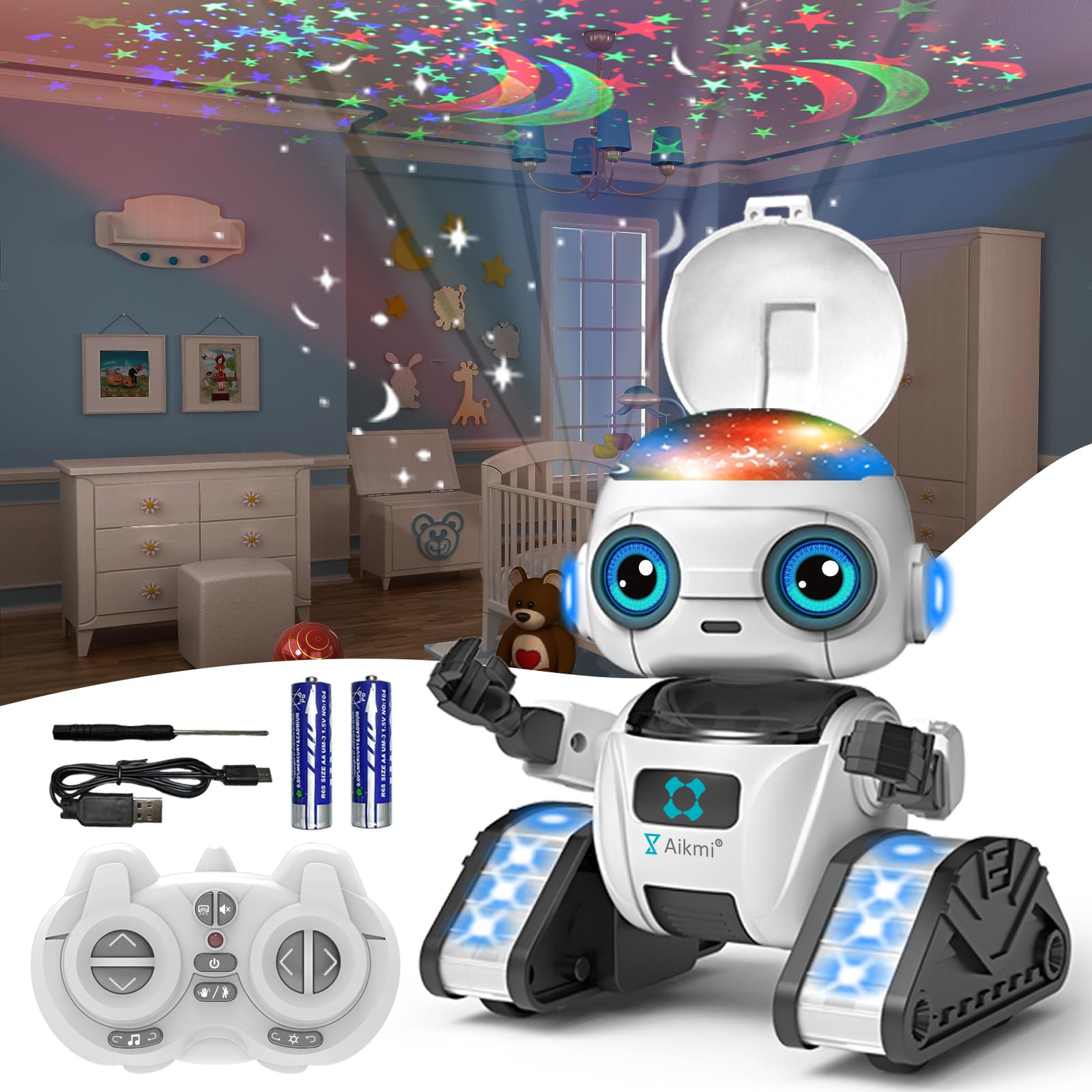Robot De Juguete Aikmi Recargable Con Proyector De Luz Nocturna Para Niños - Venta Internacional.