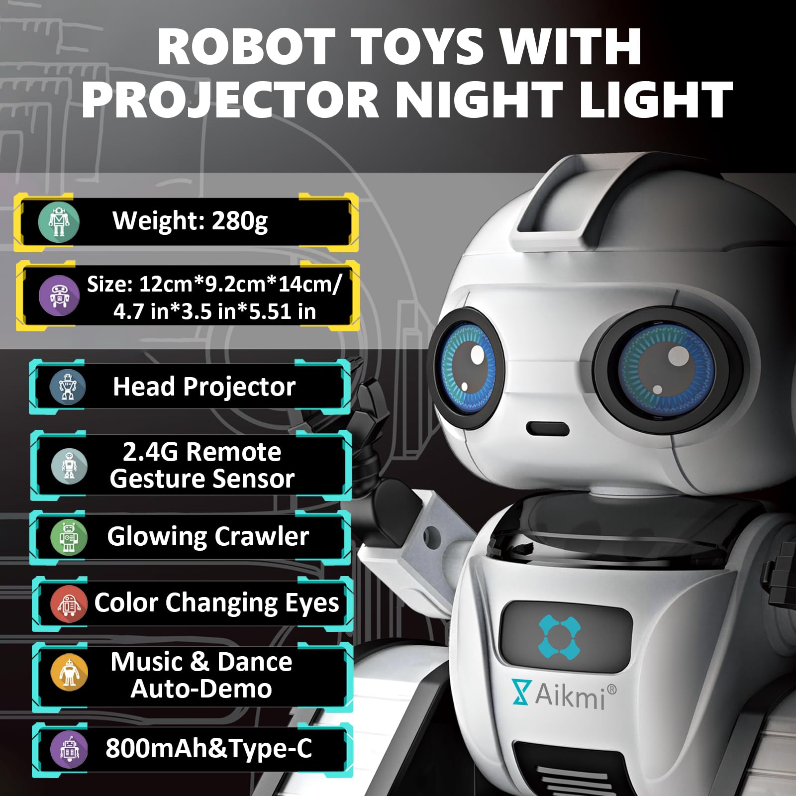 Foto 4 pulgar | Robot De Juguete Aikmi Recargable Con Proyector De Luz Nocturna Para Niños - Venta Internacional.