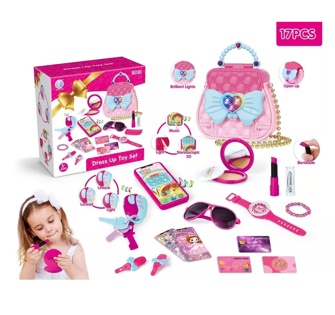 Foto 4 pulgar | Kit de Belleza de Juguete con Bolso Rosa y 17 Accesorios para Niñas