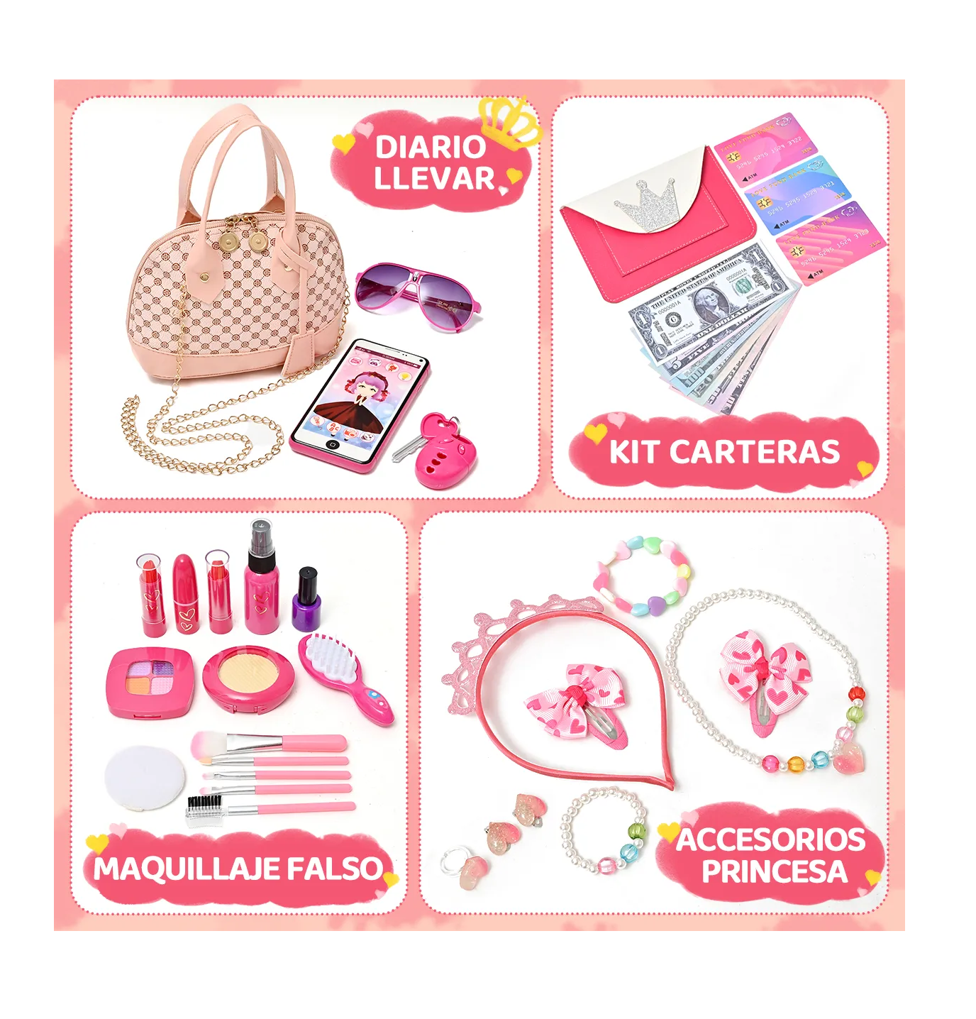 Foto 3 pulgar | Juguetes Princesas Maquillaje Niña Con Teléfono Y Billeteras Rosa