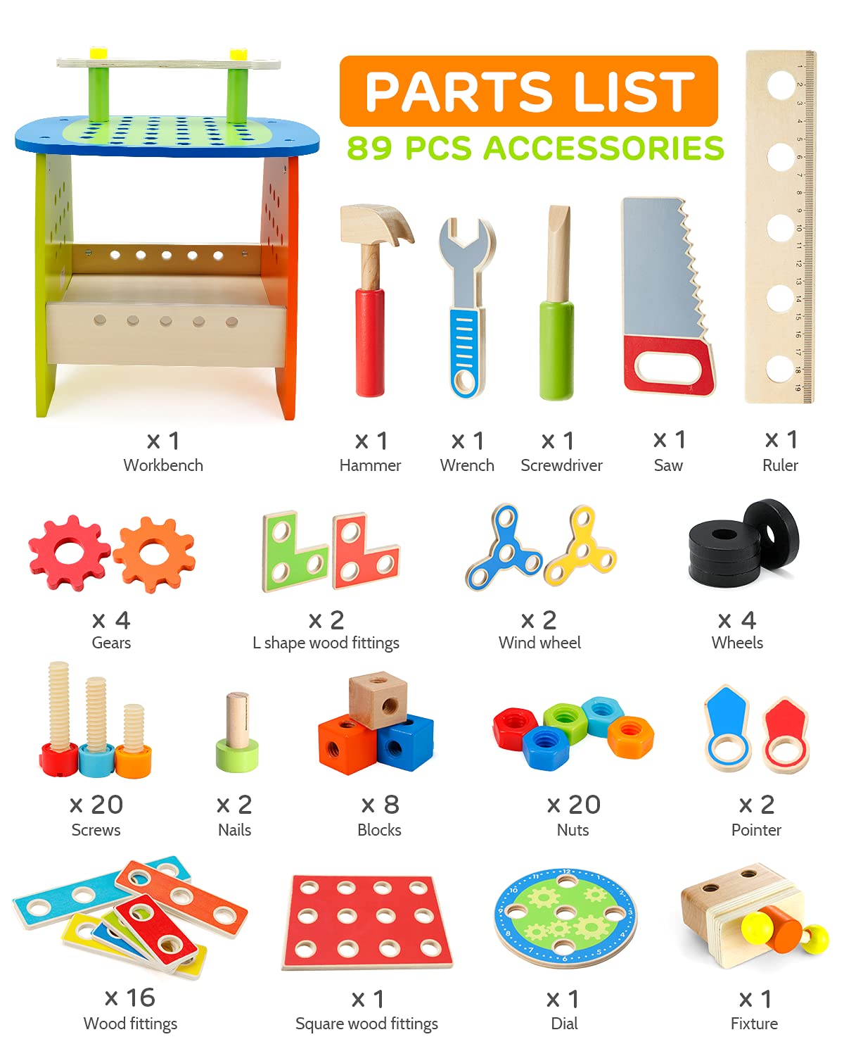 Foto 3 pulgar | Juego De Herramientas Para Niños Toy Workbench Ohuhu De Madera, 89 Piezas Con Accesorios - Venta Internacional.