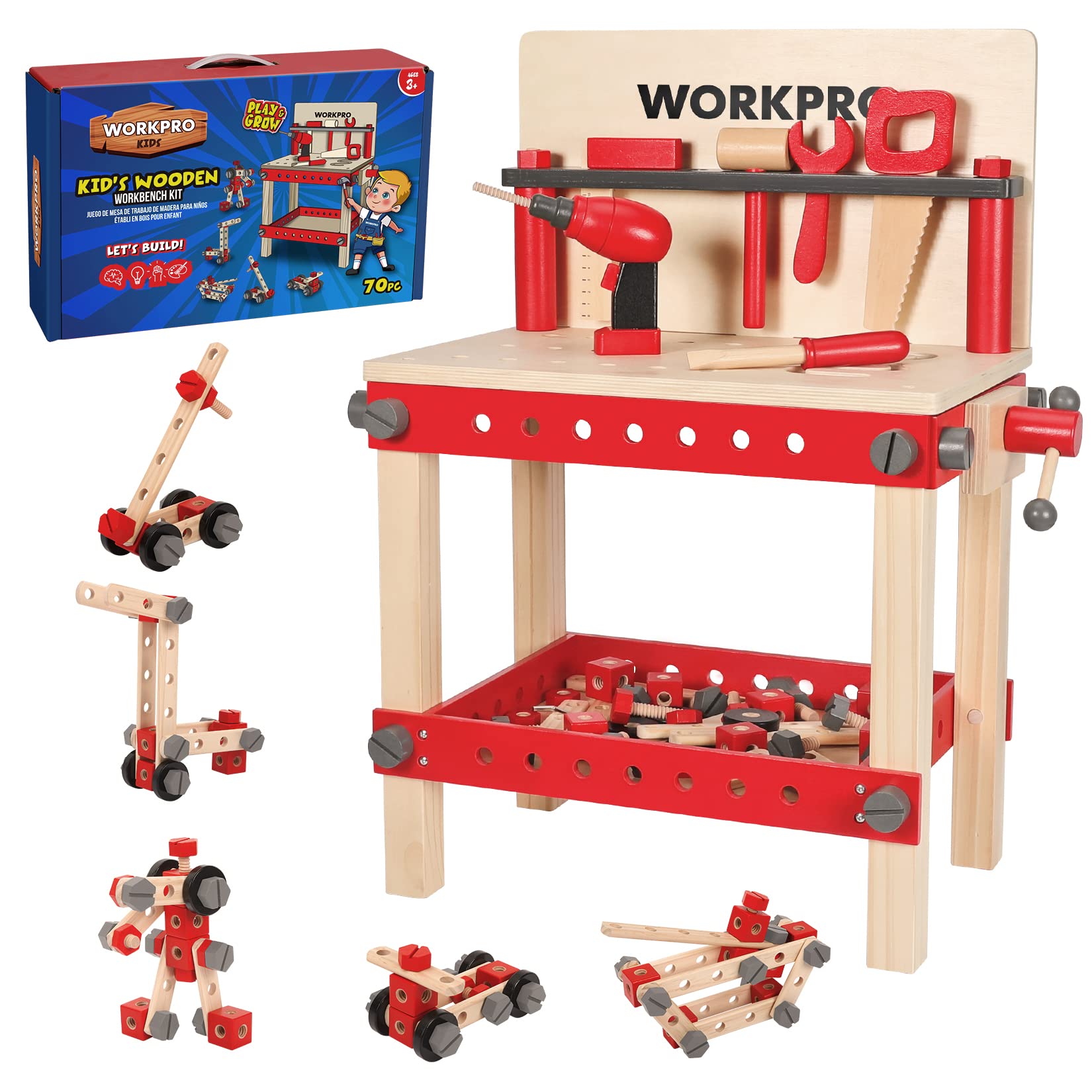 Foto 2 pulgar | Banco de Herramientas de Madera Workpro para Niños 70 Piezas - Venta Internacional