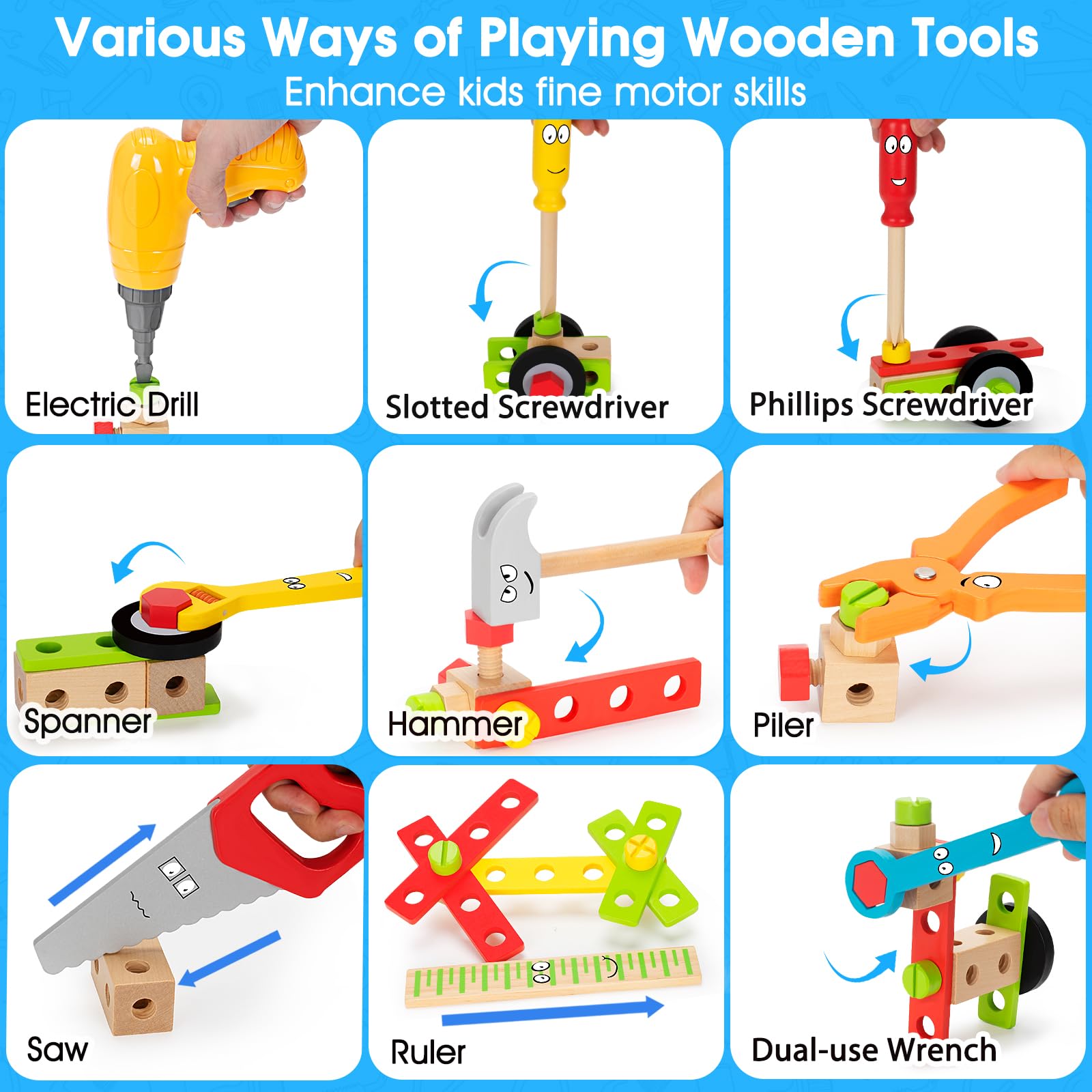 Foto 4 pulgar | Juego De Herramientas Wememorn Kids De Madera Con Taladro Eléctrico Y Caja De Herramientas - Venta Internacional.