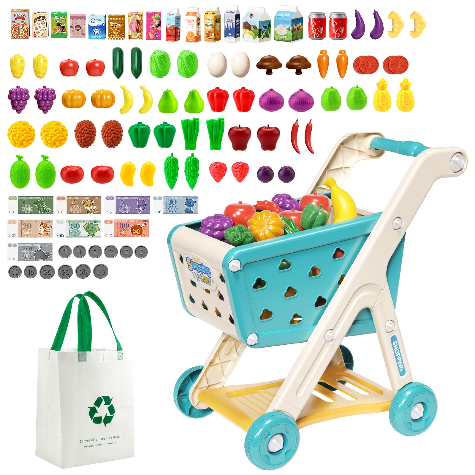 Venta Internacional - Carrito de Compras de Juguete Jovow con Comida 60 Piezas