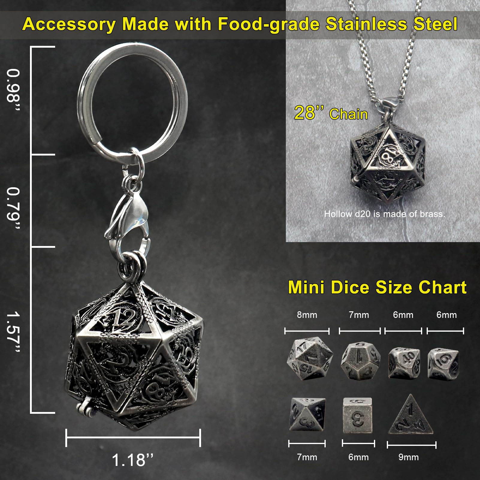 Foto 6 pulgar | Juego de Dados Haxtec Mini Metal DnD con Contenedor para Collar y Llavero - Venta Internacional