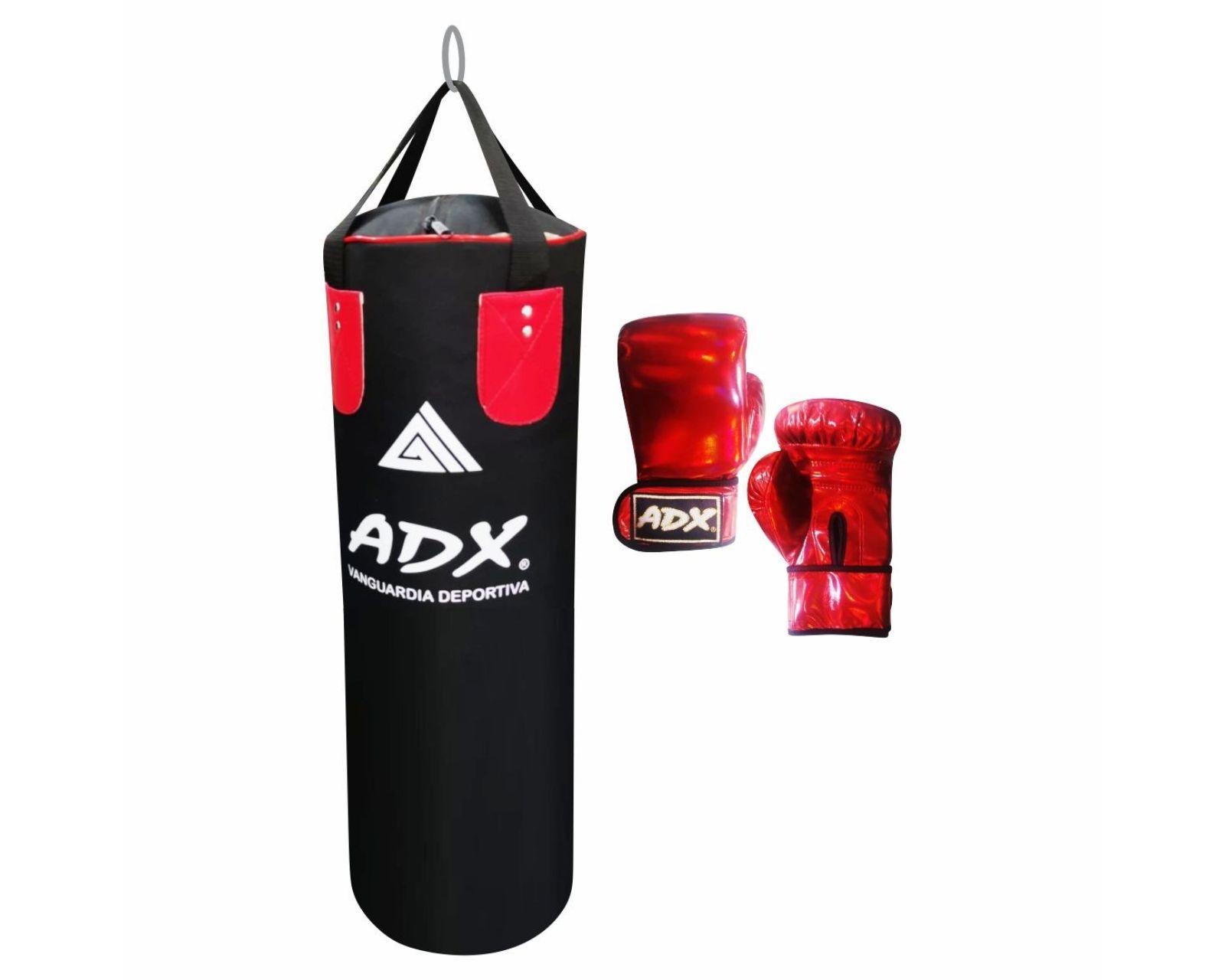 Costal Box Adx color Rojo para Adulto con Relleno 30x90 cm más Guantes Rojo Metálico y Vendas