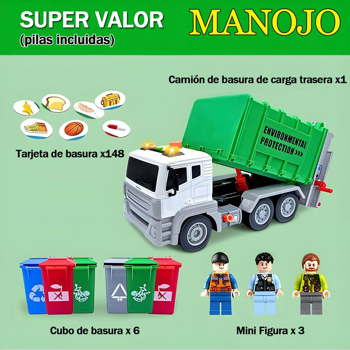 Foto 3 pulgar | Camión Belug De Basura Juguetes Verde Blanco 158 Pz