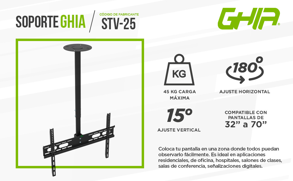 Foto 2 | Soporte De Techo Ghia Stv-25 Pantallas De 32'' A 70'' 45 Kg Inclinación