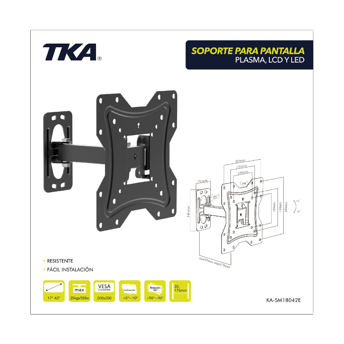 Foto 4 pulgar | Soporte para Tv TKA TKA-KASM18042E Vesa Max 200x200 -25 kg 17''-42''