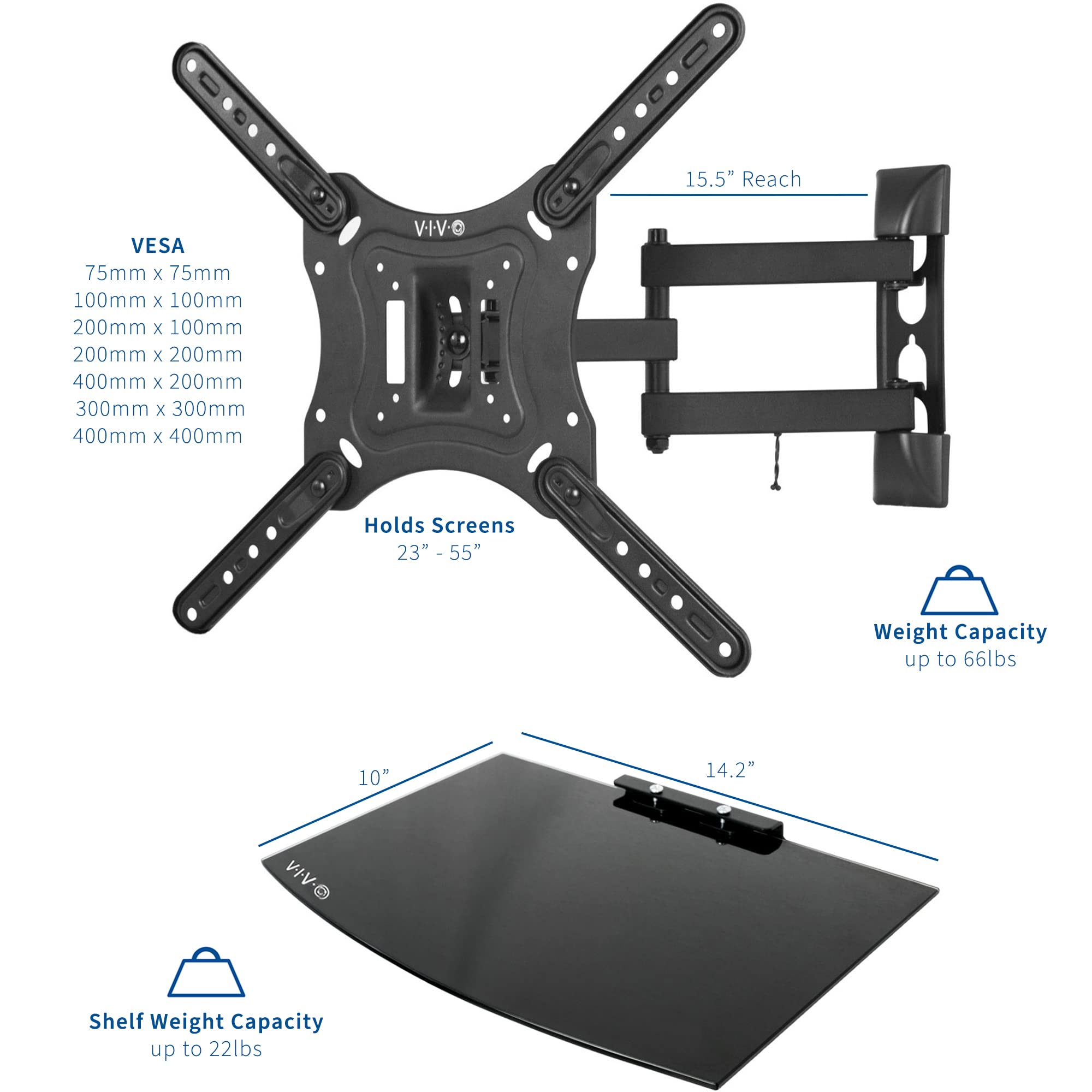 Foto 2 | Soporte De Pared Para Tv Vivo Mount-vwsf1 23-55 Pulgadas Con Estante Negro - Venta Internacional.