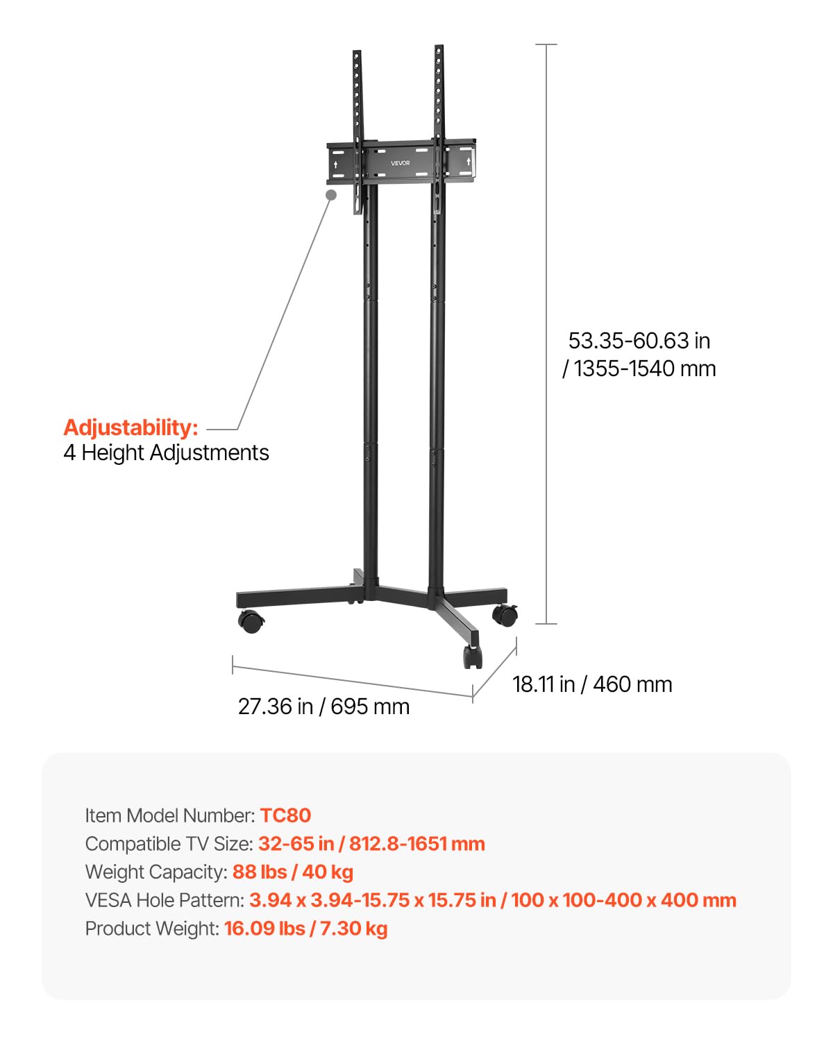 Foto 8 pulgar | Soporte Para Tv Vevor Rolling Mobile Cart, Pantallas De 32 A 65 Pulgadas, 40 Kg - Venta Internacional.