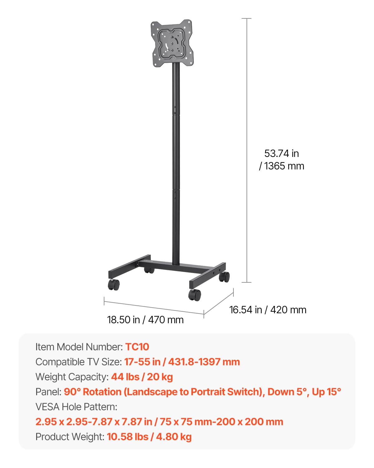 Foto 7 | Soporte De Tv Vevor Rolling Mobile Carrito De 17 A 55 Pulgadas Con Pantallas De 20 X 20 Cm - Venta Internacional.
